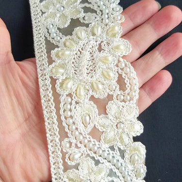 Gold Sheer Fabric Trim With Beige Floral Embroidery And Off White Pearl, Scallops Wedding Trim, Bridal Trim